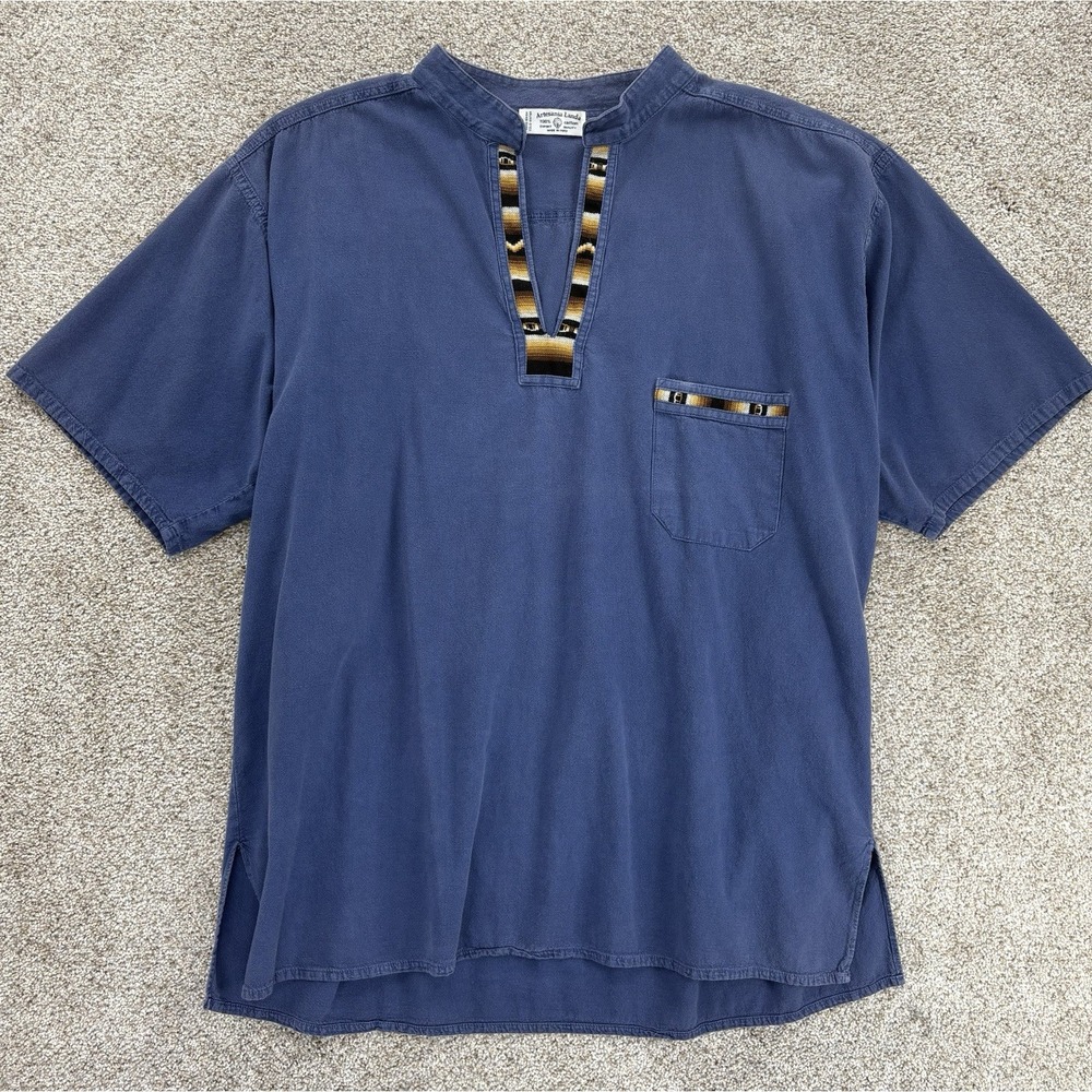 Artesania Landa Pullover Shirt Size XL Blue‎ Embroidered Trim V-Neck Peru Cotton